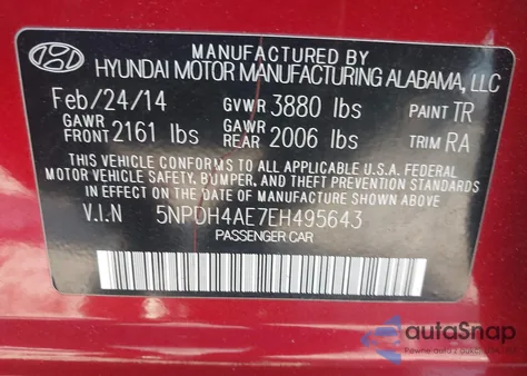 2014 Hyundai Elantra Se z USA, uszkodzony, nr VIN 5NPDH4AE7EH495643